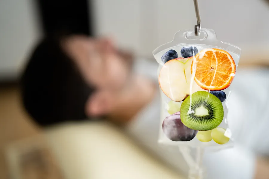 An IV bag containing slices of orange, kiwi, apple and berries, hung in front of a blurred person lying down