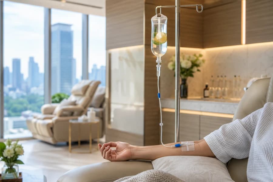 A client relaxing in a bright room with an IV drip in their arm, beside a drip stand and a window overlooking a city skyline