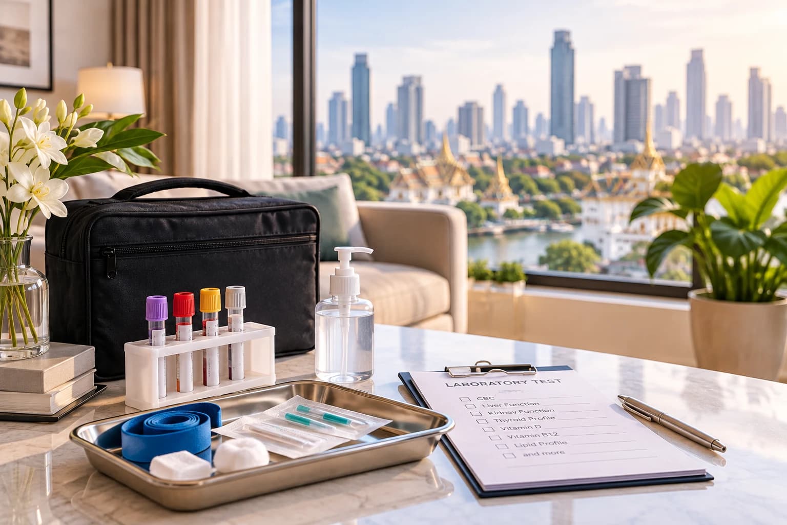 Blood testing equipment and a checklist prepared for a visit in Bangkok