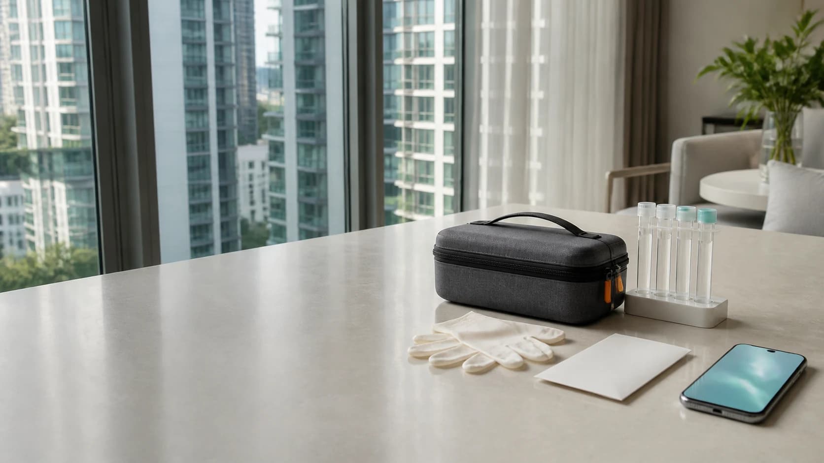 A sample kit, gloves, an envelope and a phone on a table beside a window overlooking Bangkok condo towers