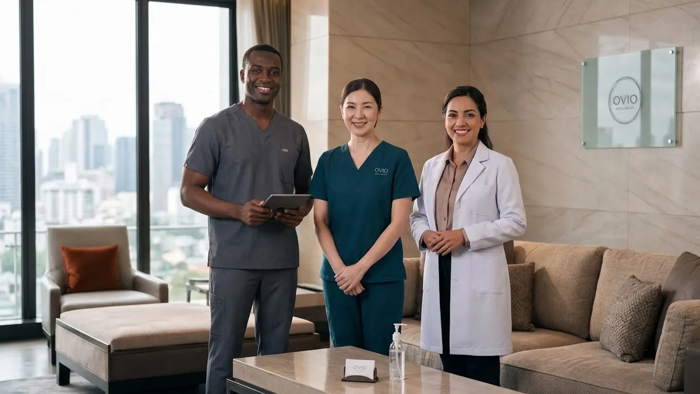 Three members of the Ovio Wellness team, including a doctor in a white coat, in a Bangkok condo lounge