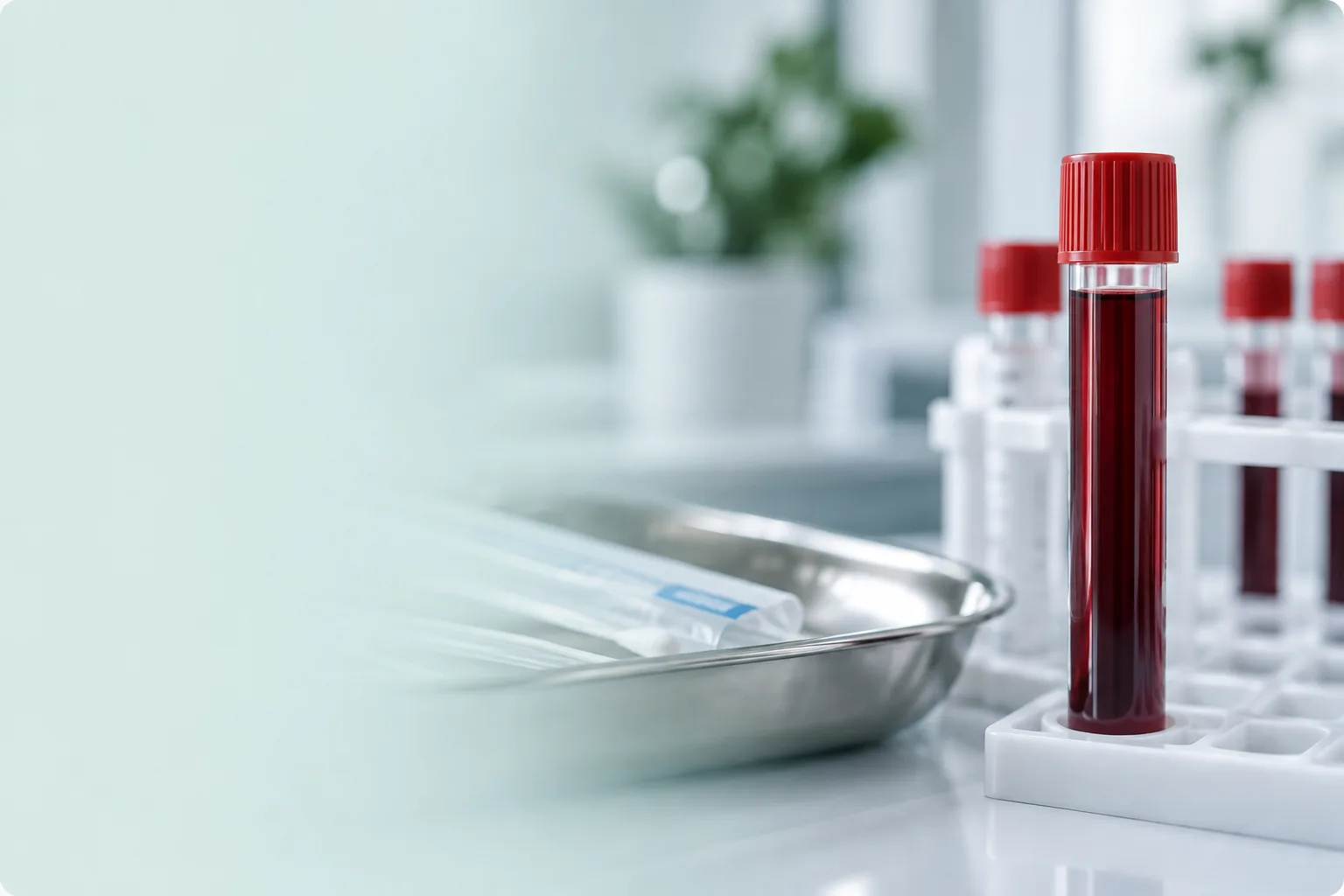 A capped blood sample tube in a rack beside a stainless steel tray of sealed collection swabs on a clean laboratory surface